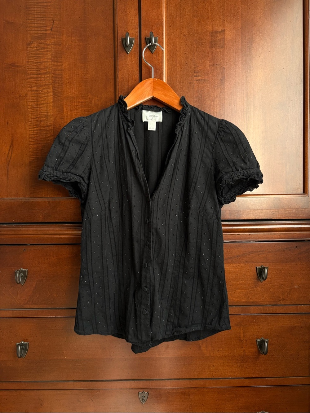 LOFT Black Swiss Dot Short Puff-Sleeve Blouse